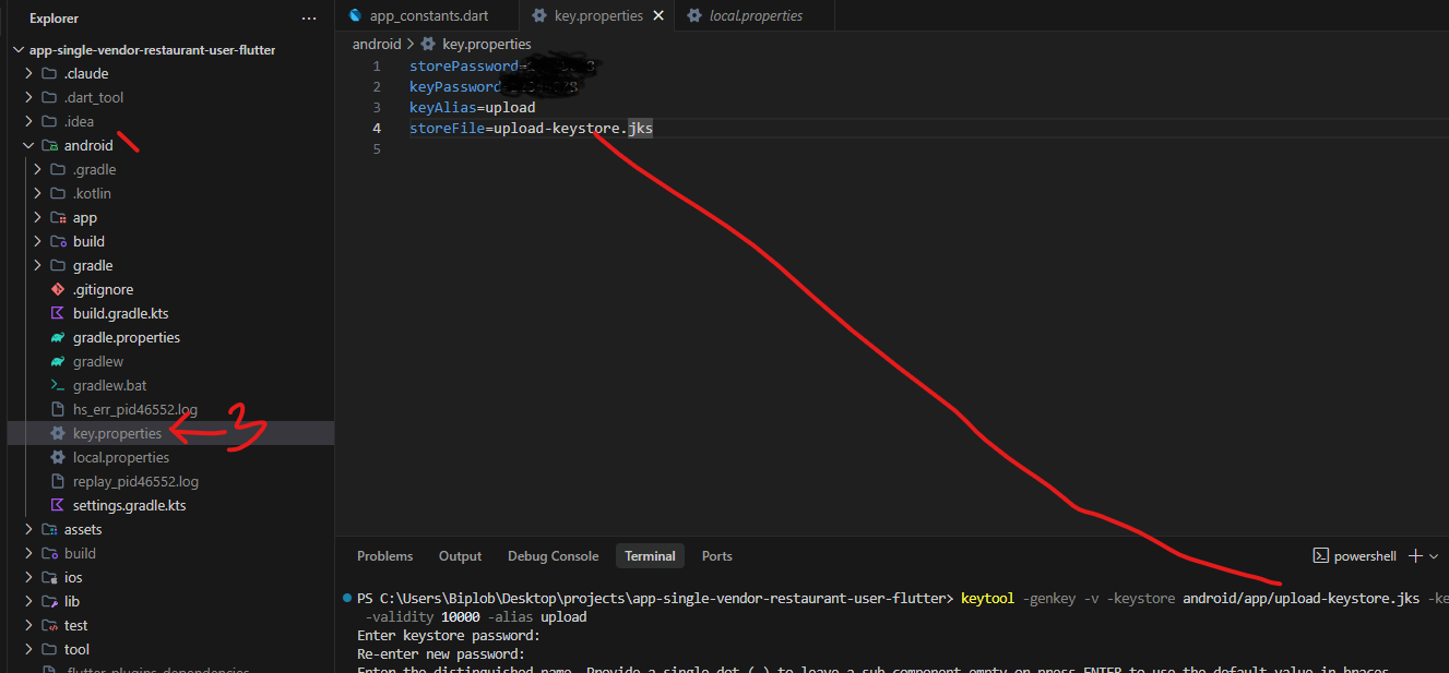 The android/key.properties file listing storePassword, keyPassword, keyAlias=upload and storeFile=upload-keystore.jks