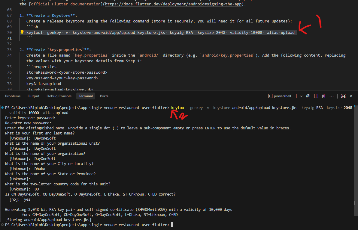 Running keytool -genkey to create upload-keystore.jks, showing the password prompts and the distinguished-name questions
